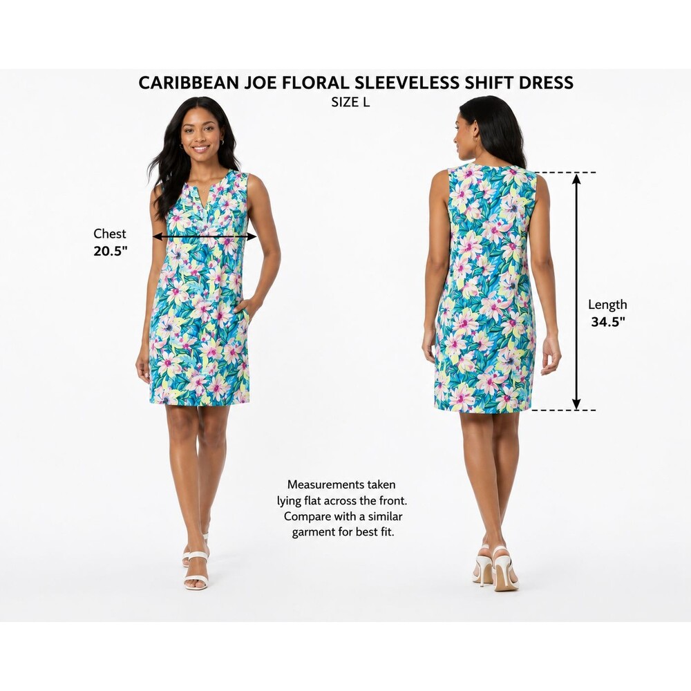 Caribbean Joe Women's Tropical Floral Sleeveless Blue Pink Shift Dress Large - Picture 7 of 9